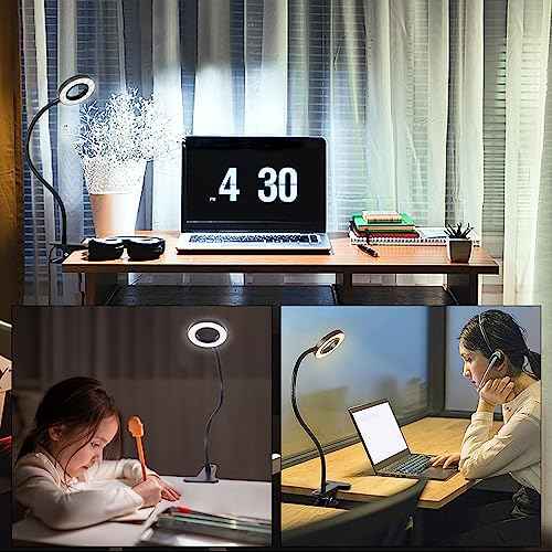 Desk Clip on Lamp for Reading Home Office, with 5V 2A Adapter, 10 Dimmable Brightness 3 Modes, Clamp Reading Light for Bed Headboard, Craft (2packs, Black)¡¦