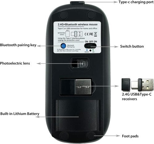 KLO Wireless Bluetooth Mouse - Rechargeable 5.2/3.0 with Type-C & USB - Compatible with MacBook & iPad (Black)