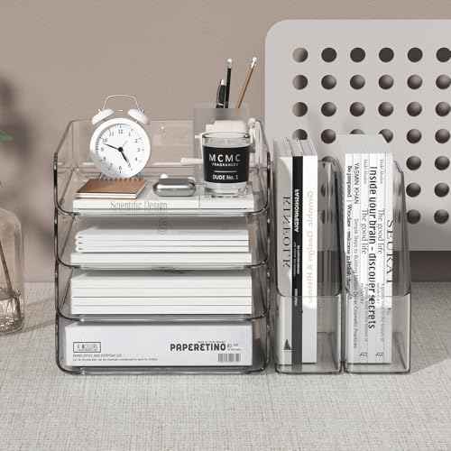 4-Tier Brown Acrylic Paper Tray Organizer for Desk + 2 Bookends ? Stackable Letter Tray, Acrylic Desk Accessories/File Organizer, Office Paper Organizer