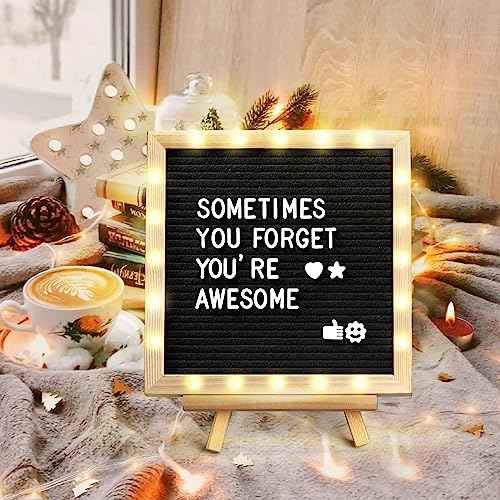 Black Felt Letter Board with Lights, Built-in LED Lights -Message Board Adjustable Stand, 340 Letters,- for Menus, Pregnancy Announcement, Weddings, Party Planning(10 * 10) (black£Â)