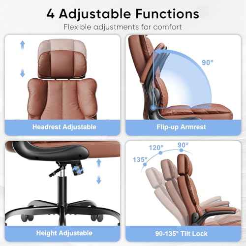 Executive Leather Office Chair, Computer Chair with Thick Cushion & Lumbar Support, Ergonomic Desk Chair with Adjustable Headrest & Armrests,Brown