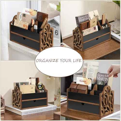 Desk Organizer with Drawer Wood File Office Mail Organizer Countertop-5 Slot Tabletop Storage Pen Organizer Letter Holder for School Home Office Supplies