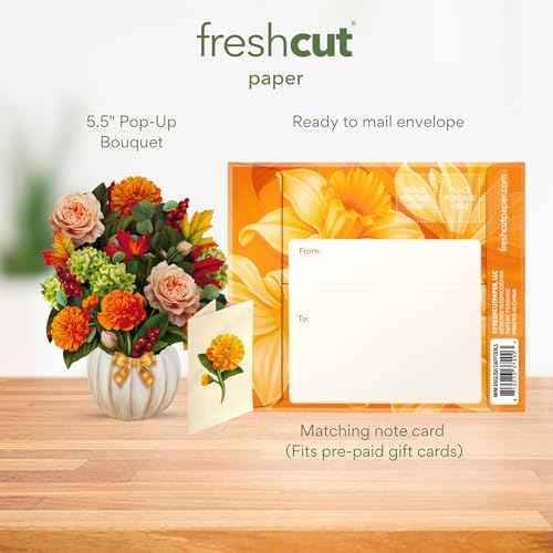Freshcut Paper Pop Up Cards, Mini Pumpkin Spice, 6 Inch Mini Sized Forever Flower Bouquet 3D Popup Greeting Cards, Autumn Card, Birthday Card, Blank Notecard & Envelope