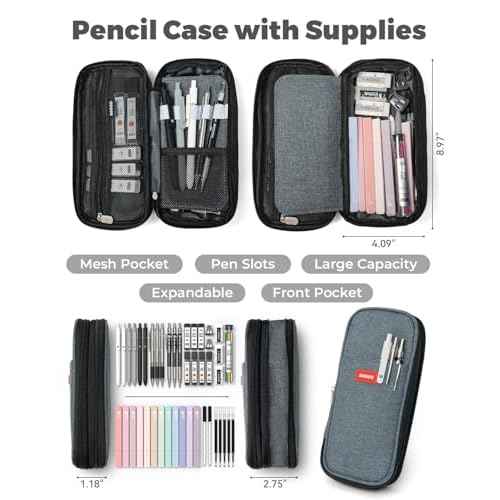 Four Candies 45 PCS School Supplies with Pen Case, 6 Gel Pens, 6 Art Mechanical Pencil Set, 12 Highlighters for College Essentials Office Stationery (Black)