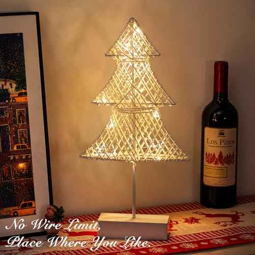Lewondr Christmas Tree Lamp, Winding Cotton Thread Mini Christmas Tree with Lights, Battery Powered Desktop Christmas Light for Xmas Home Bedside Table Lamp Decorative Tree for Table Top, White