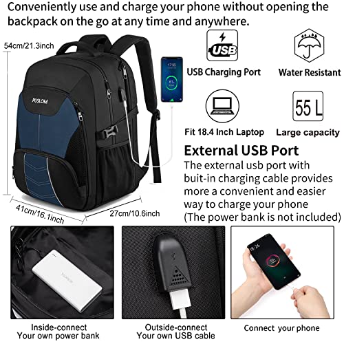 PUSLOM Extra Large Travel Laptop Backpack for Men 55L,Water Resistant 18.4 inch Big Business Laptop bags with USB Charging Port,TSA Friendly Anti Theft Computer Bag for Work College,Blue