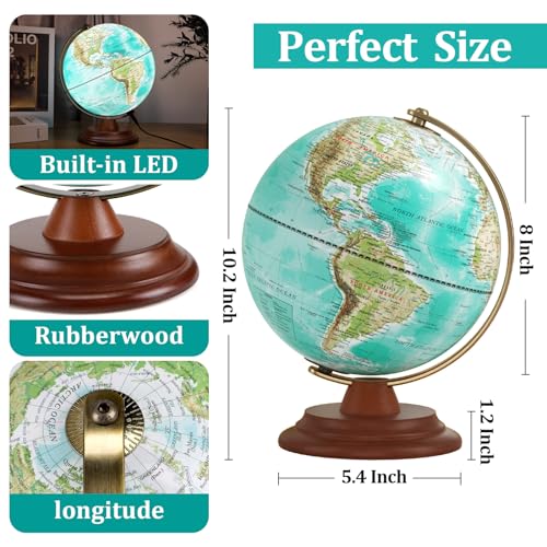Illuminated Globe of the World with Wooden Stand, 8'' World Globe for Kids & Adults' Learning Built-in LED Night Light, Home Office Classroom Decor Geography Gifts(Elegant Turquoise)