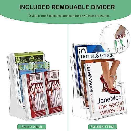 zavekia 2 Pack 3 Tier Acrylic Brochure Holder 8.5 x 11 inch, Clear Literature Organizer Magazine Stand with Removable Divider for 4 x 9 inch Brochures,Magazine Holder,Flyer Holder