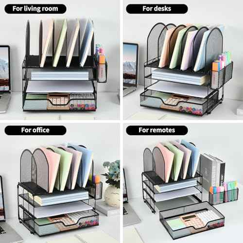 Desk Organizers and Accessories with Drawer, File Organizer with 5 Vertical File Holders and Pen Holders, Office Desk Accessories Workspace Desktop Organizers for Office Supplies (Black)