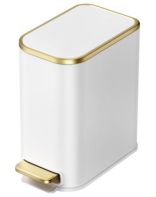 Cesun Small Bathroom Trash Can with Lid Soft Close, 5 Liter/1.3 Gallon Stainless Steel Garbage Can with Removable Inner Bucket, Step Pedal, Slim Waste Basket for Toilet, Office, Bedroom (White&Gold)