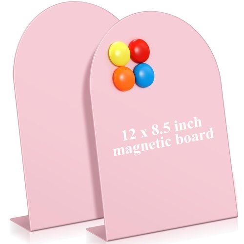 Shimeyao 2 Pcs Pink Magnetic Bulletin Board for Tabletops with 8 Magnets 12 x 8.5 Inch Memo Display Easel Stand for Home Office School Kitchen Table Supplies (Arched)