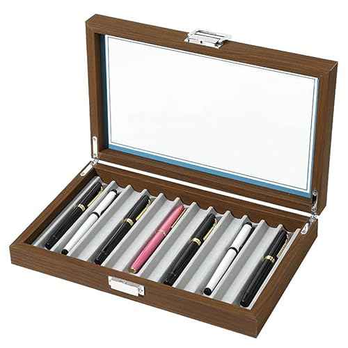 12-Slot Fountain Pen Display Box, Black Walnut Wood Pen Organizer with Clear Glass Window, Luxury Pen Storage Case for Fountain Pen Collection Pencil Holders