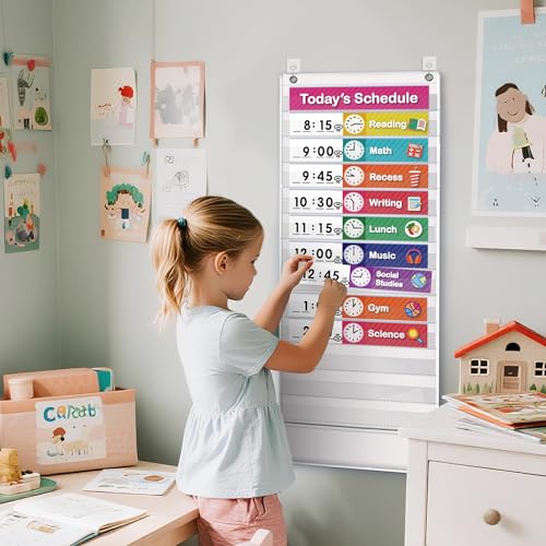 Eamay White Daily Schedule Pocket Chart with 13+1 Pockets & 18 Dry Erase Cards