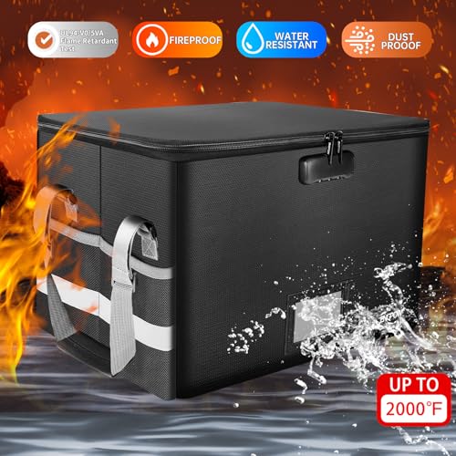 ENGPOW Fireproof Lock Box with Handle - Collapsible Portable Document Organizer, 15.55 x 12.2 x 10 Inches, Black & Grey