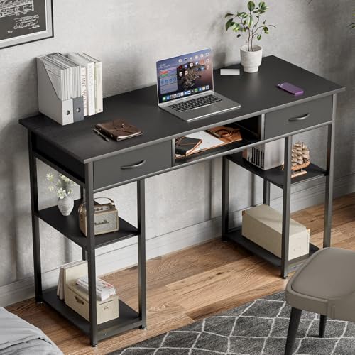 OLIXIS 48 Inch Desk with Drawers, Home Office Computer Desk with Adjustable Shelves on Both Sides, Study Writing Table with Adjustable Feet for Bedroom, Black