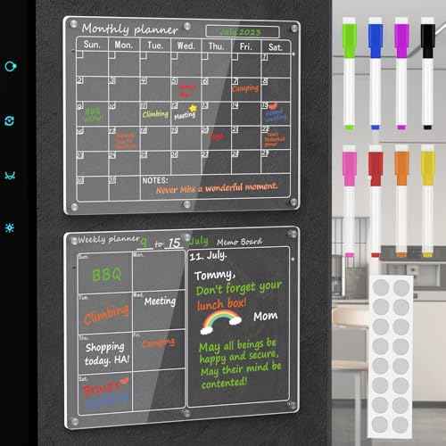 Magnetic Acrylic Calendar for Fridge,2 Pack 11"x15" Clear Fridge Calendar Dry Erase Magnetic Planning Boards Set for Refrigerator with 8 Colorful Highlight Markers