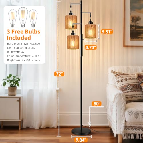 Hotsonic 72-Inch Boho Rattan Tree Floor Lamp - Black + Light Brown, Dimmable Industrial Standing Light for Living Room & Bedroom