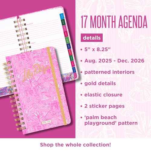 Lilly Pulitzer Medium Planner August 2025 - December 2026, Weekly Agenda & Monthly Calendar, Stickers, Pockets, Spiral Binding, 5" x 8.25" (Palm Beach Playground)