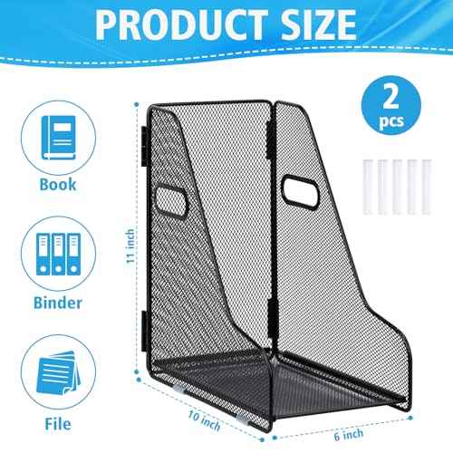 2 Pack Large Binder Folder Holder for Desk Metal Mesh Magazine File Holder Black Vertical File Storage Desktop Binder Organizer Desk Folder Organizer for 3Inch 4Inch 5Inch Binder 10" L x 6" W x 11" H