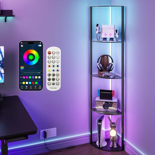 JACKYLED 5-Tier Corner Display Shelves, RGB Led Floor Lamp Corner Storage for Books Perfume Shelf with Light, Remote and App Control Music Sync Scheduled On/Off Tall Curio Cabinet