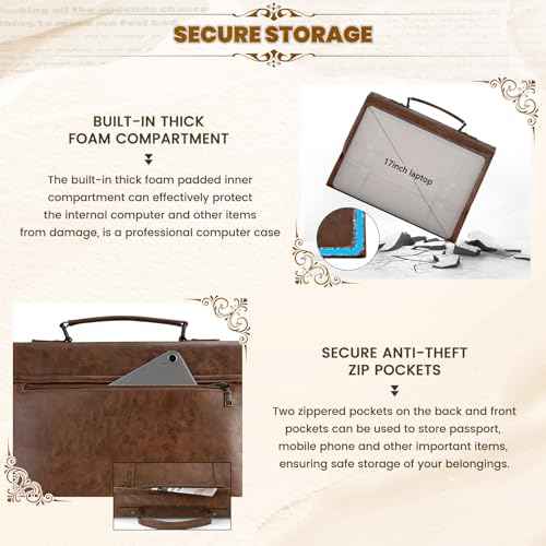 RAINSMORE Mens Messenger Bag 17 Inch Waterproof Vintage Leather Laptop Briefcase Large Computer Laptop Bag Satchel Bag Retro Shoulder Bag,Brown