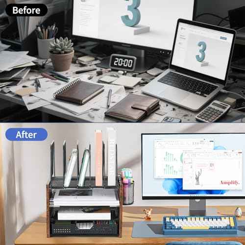 AUPSEN Desk Organizer Shelf, 4-Tier Mesh Wood Desktop Bookshelf File Organizer with 5 Vertical File Holders, Storage Drawer & 2 Pen Holders, Office Supplies Storage for Workspace Organizers