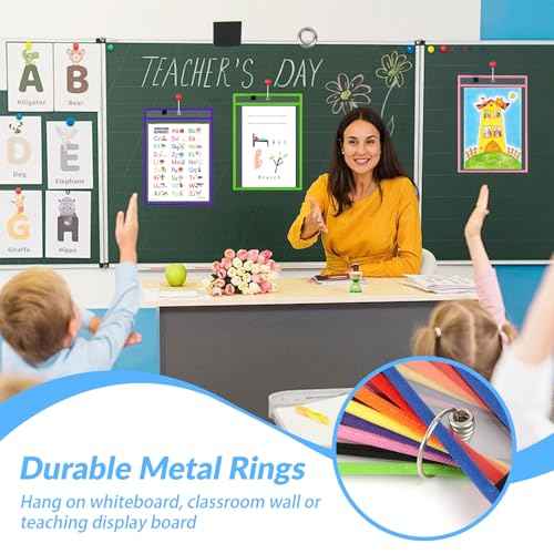 BEVTEE 8 Pack Dry Erase Pocket Sleeves with 1 Ring, 10x14 Inch Clear Plastic Paper Sleeves, Reusable Sheet Protectors, Teaching Supplies for Classroom Elementary