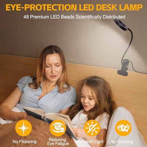 Foneso Desk Lamp Clip on Light, 48 LED USB Lamp with 3 Color Modes 10 Brightness Levels, 360¡Æ Flexible Gooseneck Eye Protection Bed Night Light for Reading, Makeup, Craft (Black)