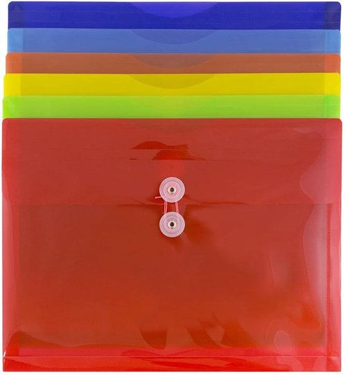 JAM PAPER Plastic Envelopes - Button & String Tie Closure - 9 3/4 x 13 Inches - Assorted Primary Colors - 6 Pack
