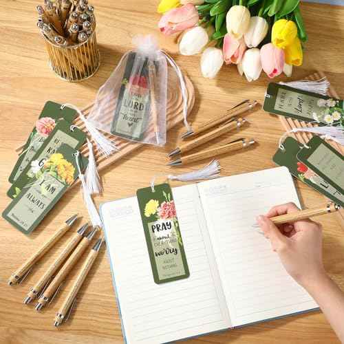 Spakon 100 Sets Mother's Day Church Gifts Bible Verse Bookmarks Inspirational Bamboo Pens Gift Bags Mom Christian Gifts Bulk Religious Mothers Day Party Favors