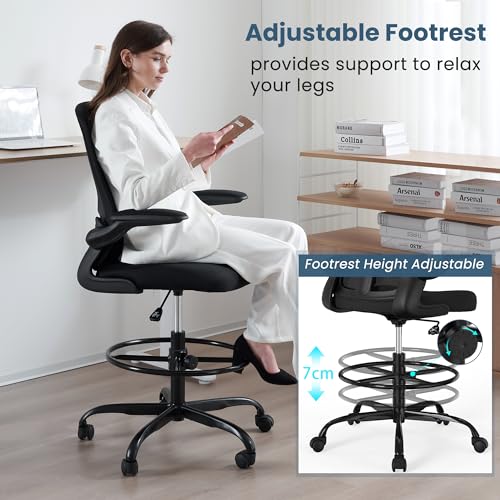 Silybon Tall Drafting Chair with Flip-Up Armrests, Lumbar Support & Adjustable Footrest (Black)