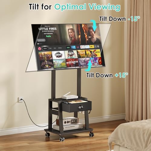 Aokitsink Rolling TV Stand with Power Outlet 23-60in, 2 Shelves, Fabric Drawer, Height Adjustable