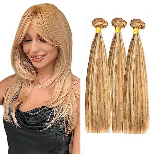 20 22 24 Inch P27/613 Highlight Blonde Bundles Human Hair Straight Bundles Honey Blonde Straight Bundle Unprocessed Brazilian Virgin Weave Hair 3 Bundle 50 Gram Per Bundle