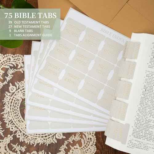 Bible Tabs for Women and Men, 75 Laminated Index Tabs with Embossed Gold Foil Lettering, Durable Neutral Bible Study Tabs for Easy Navigation, Bible Journaling Supplies