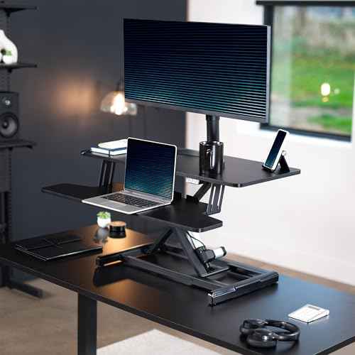 VIVO 36 inch Electric Motor Desk Converter, Height Adjustable Riser, Sit to Stand Dual Monitor and Laptop Workstation with Wide Keyboard Tray, Black, DESK-VE36B