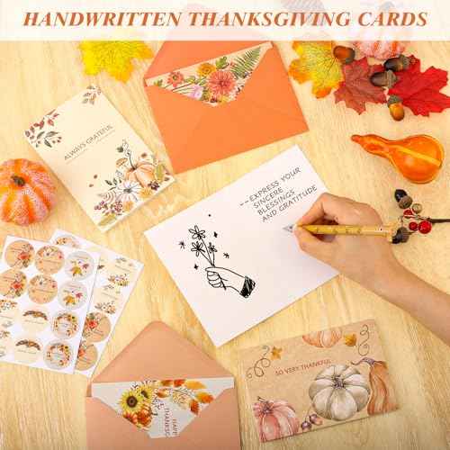 24 Pack Thanksgiving Cards with Envelopes, 4 x 6 in Bulk Thanksgiving Cards with Stickers, 6 Designs Thanks & Blessings Greeting Card Boxed for Fall Autumn Holiday Happy Harvest Party