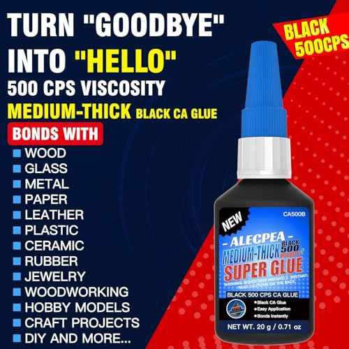 20g Black Medium-Thick CA Glue (500 CPS),Premium Cyanoacrylate Super Glue for Wood, Glass, Metal, Paper, Leather, Plastic, Ceramic, Rubber, Jewelry, Woodworking, Hobby Models, and Craft Project