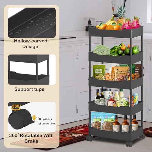 5-Tier Plastic Rolling Utility Cart, Rolling Storage Cart, Narrow Shelf, Bathroom Organizer Rolling Utility for Office, Kitchen,Bathroom,Living Room,Laundry Room