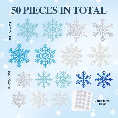 Winter Snowflake Cutouts Glitter Paper Decorations - 50Pcs Blue and Silver Double-Side Christmas Cutouts for Holiday Winter Wonderland Bulletin Board, Frozen Party Decor