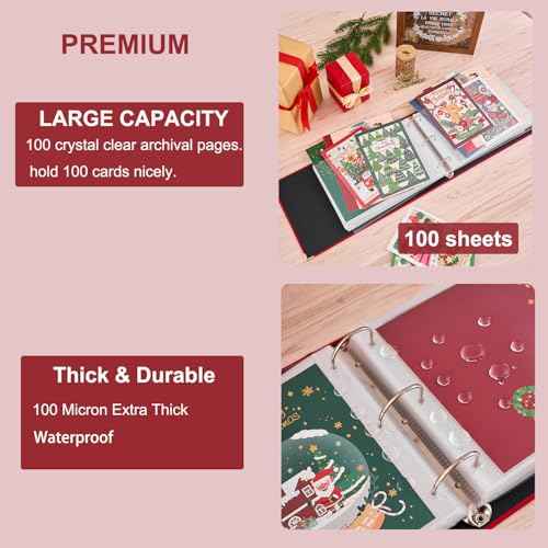 MANWU Christmas cards organizer binder album, greeting cards display organization Storage Holder, Cardkeeper special cards leather book, holds 100 cards (Golden)
