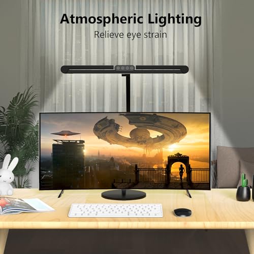 Micomlan Black Adjustable LED Desk Lamp with Atmosphere Lighting, Dimming Swing Arm for Home Office