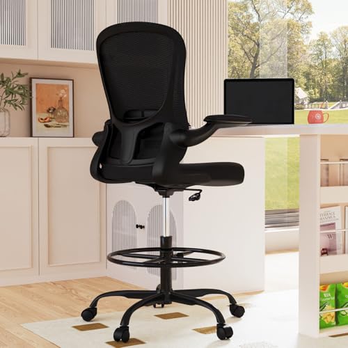 Silybon Tall Drafting Chair with Flip-Up Armrests, Lumbar Support & Adjustable Footrest (Black)