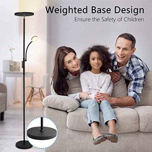 Led Floor Lamp Torchiere Floor Lamp with Adjustable Reading Lamp,2000lumens Main Light and 400lumens Side Reading Light for Living Room, Bedroom, Office, Work with Remote Control, Matte Black