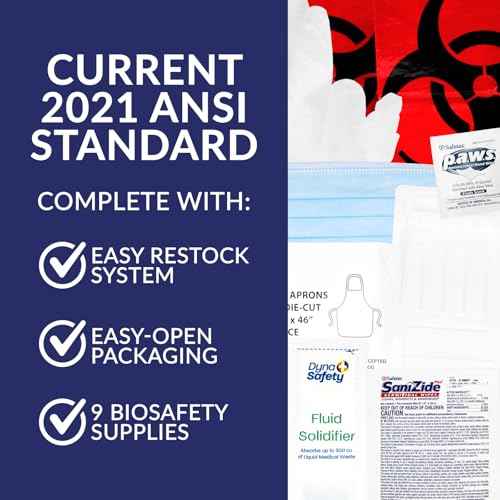 MFASCO Blood Borne Pathogens Clean Up Kit - Wall-Mountable or Portable - OSHA Compliant - Disposable Protection Gear - Bleach-Free Solidifier - Easy Cleanup - Compact Design - Refillable - 9 Pcs