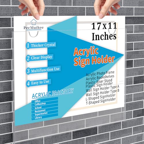 PecMuikee Acrylic Sign Holder 17 x 11 Inch, Wall Mount Sign Holders Clear Plastic Picture Frame with Adhesive Tapes and Mounting Screws for Office, Home, Store, Restaurant, Landscape, 6 Pack