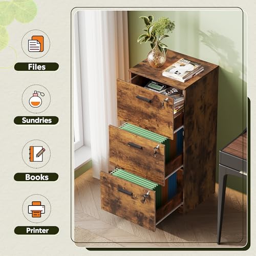 DevaiSe Rustic Brown 3-Drawer Wood File Cabinet – Vertical Holder for Letter & A4, Fits Home Office