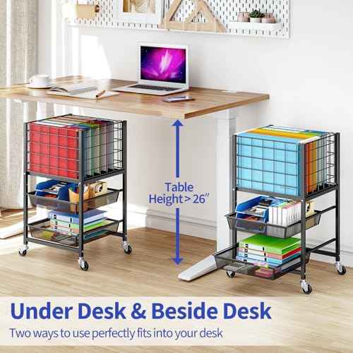 TOOLF 3-Tier Rolling File Cart, Metal Storage Drawer Cart with 2 Sliding File Trays, Adjustable Rod for Hanging Various File Sizes, File Organizer Cabinet on Wheels, for Office, Home, Classroom, Black