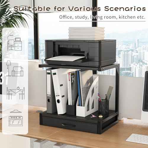 2-Tier Desktop Printer Stand and Storage Shelf, Home Office Desk with Fabric Drawer, Organizer for 3D Printer, Fax Machine, Scanner, Compact Size 17.3"x11.8" Printer Stand for Desk, Black