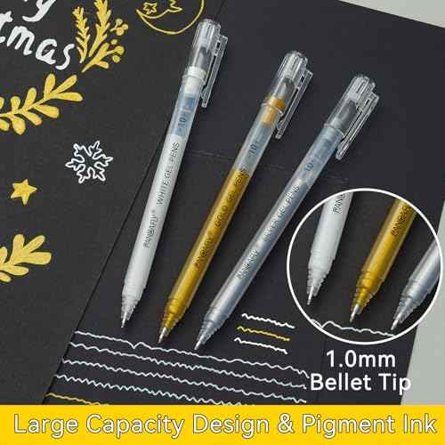 PANDAFLY Gold Silver White Gel Pens, 10 Pack, 1mm Extra Fine Point Gel Ink Pen, Opaque White Archival Ink Pens for Black Paper Drawing, Sketching, Card Making