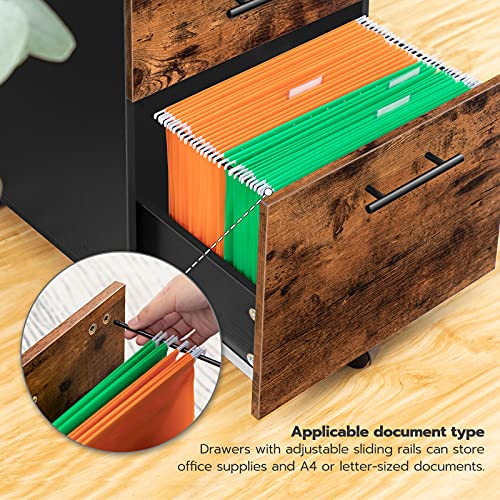 HOOBRO 3-Drawer File Cabinet, Wooden Under Desk Filing Cabinet, fits A4/Letter Size for Home Office, Small Rolling Storage Drawer Chest, Printer Stand with Drawers, Rustic Brown and Black BF02WJ01G1